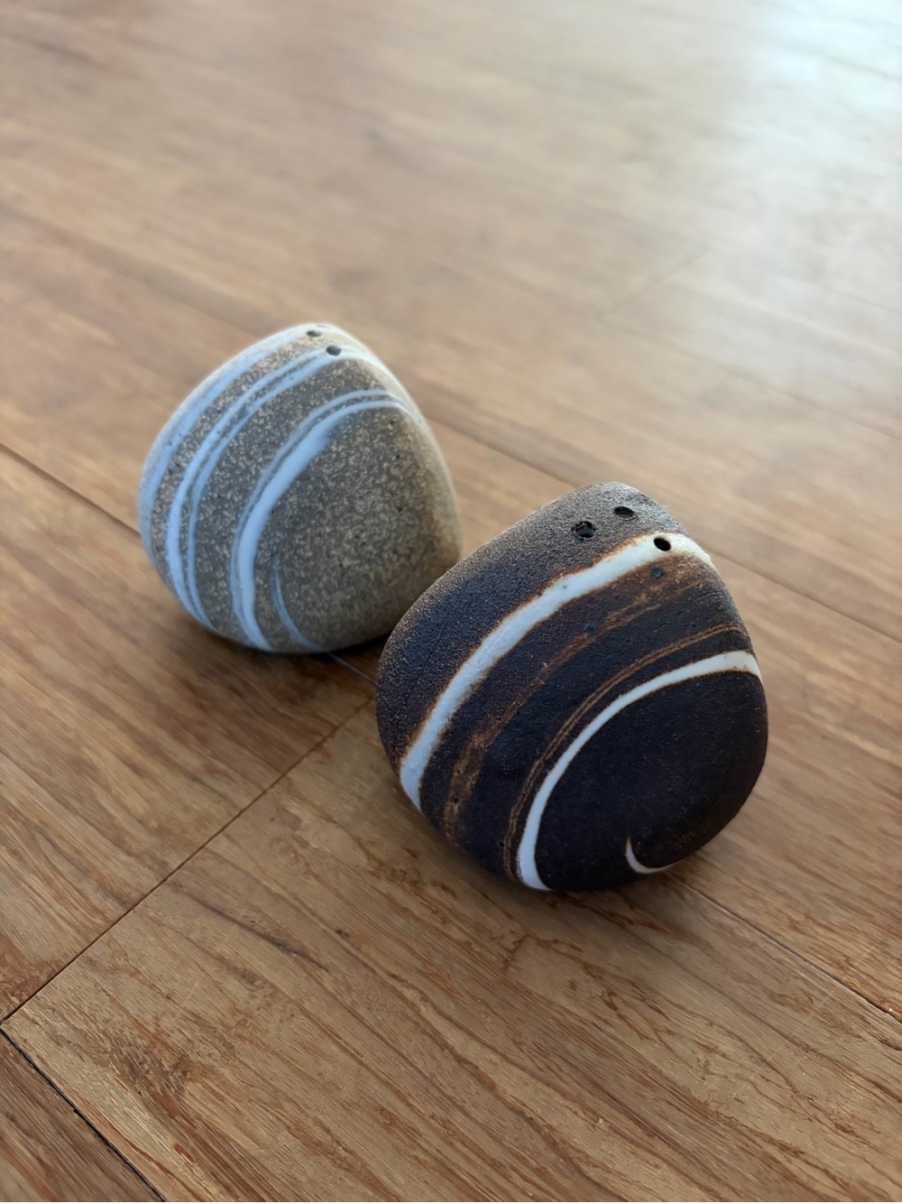 Handcrafted Striped Stone Ceramic Salt and Pepper Shakers - Brown & Gray